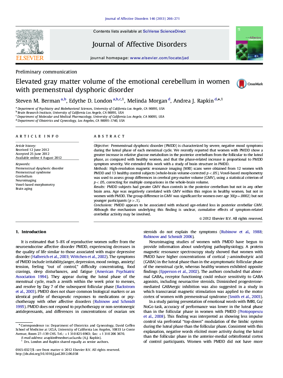 Elevated gray matter volume of the emotional cerebellum in women with premenstrual dysphoric disorder