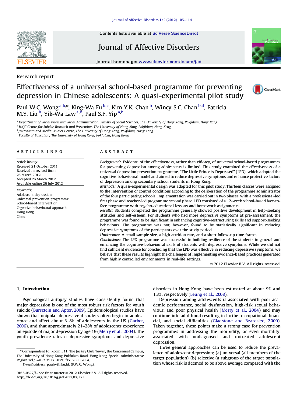 Effectiveness of a universal school-based programme for preventing depression in Chinese adolescents: A quasi-experimental pilot study