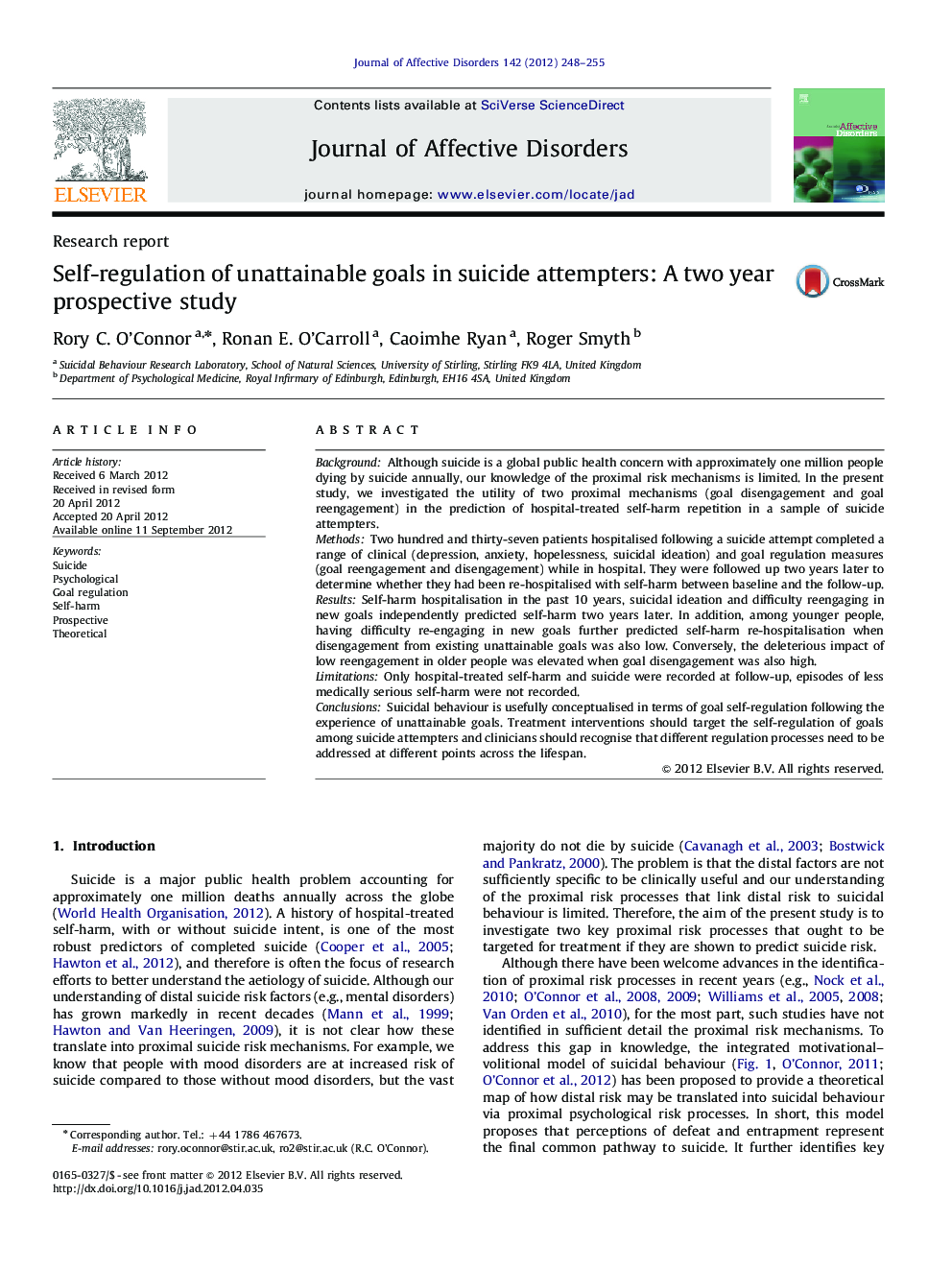 Self-regulation of unattainable goals in suicide attempters: A two year prospective study