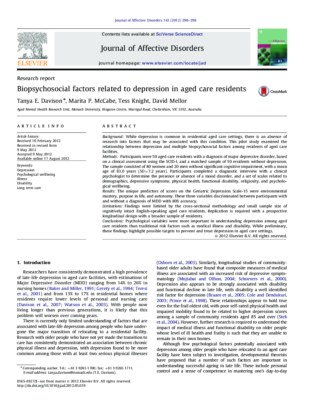 Biopsychosocial factors related to depression in aged care residents