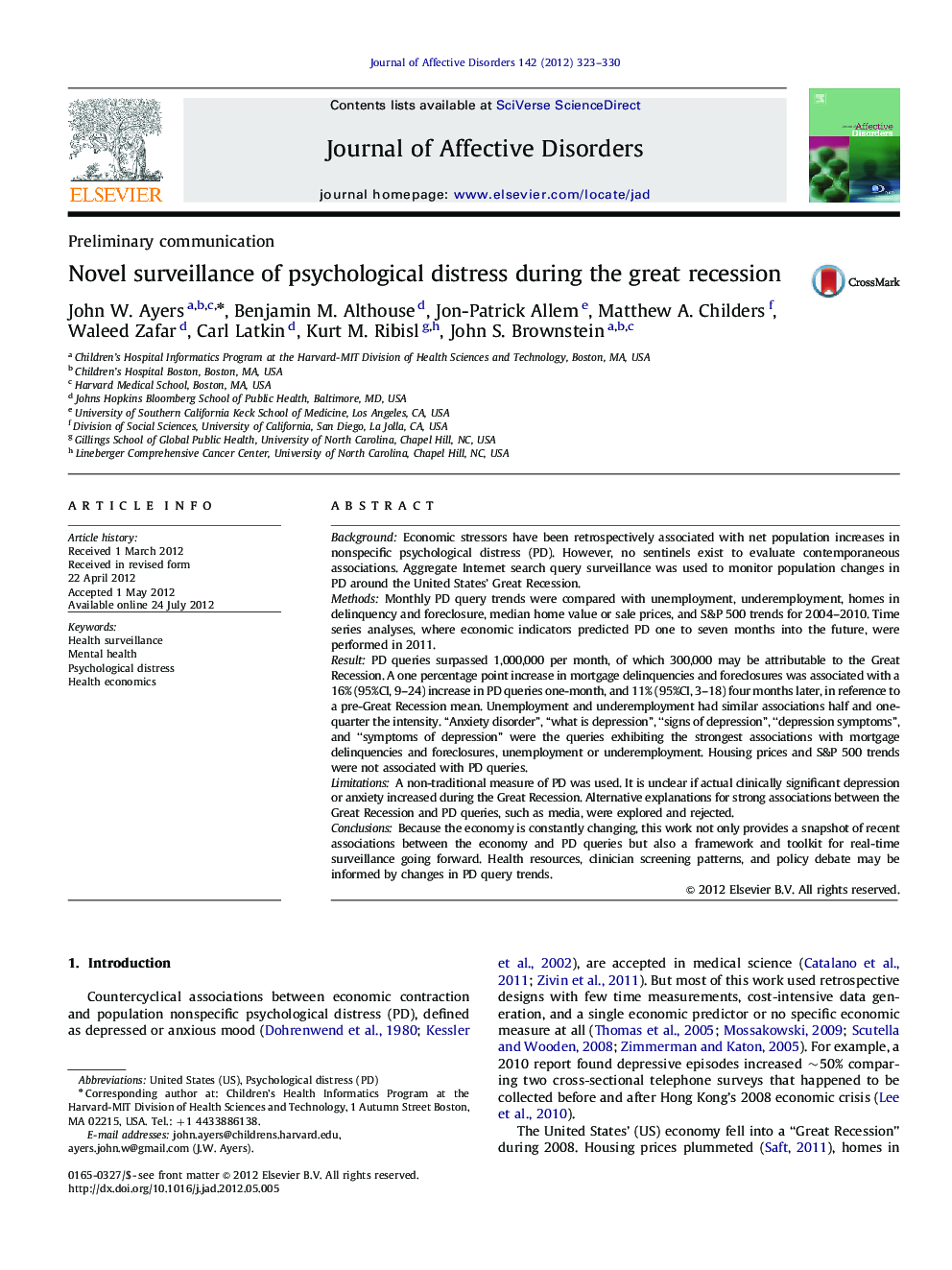 Novel surveillance of psychological distress during the great recession