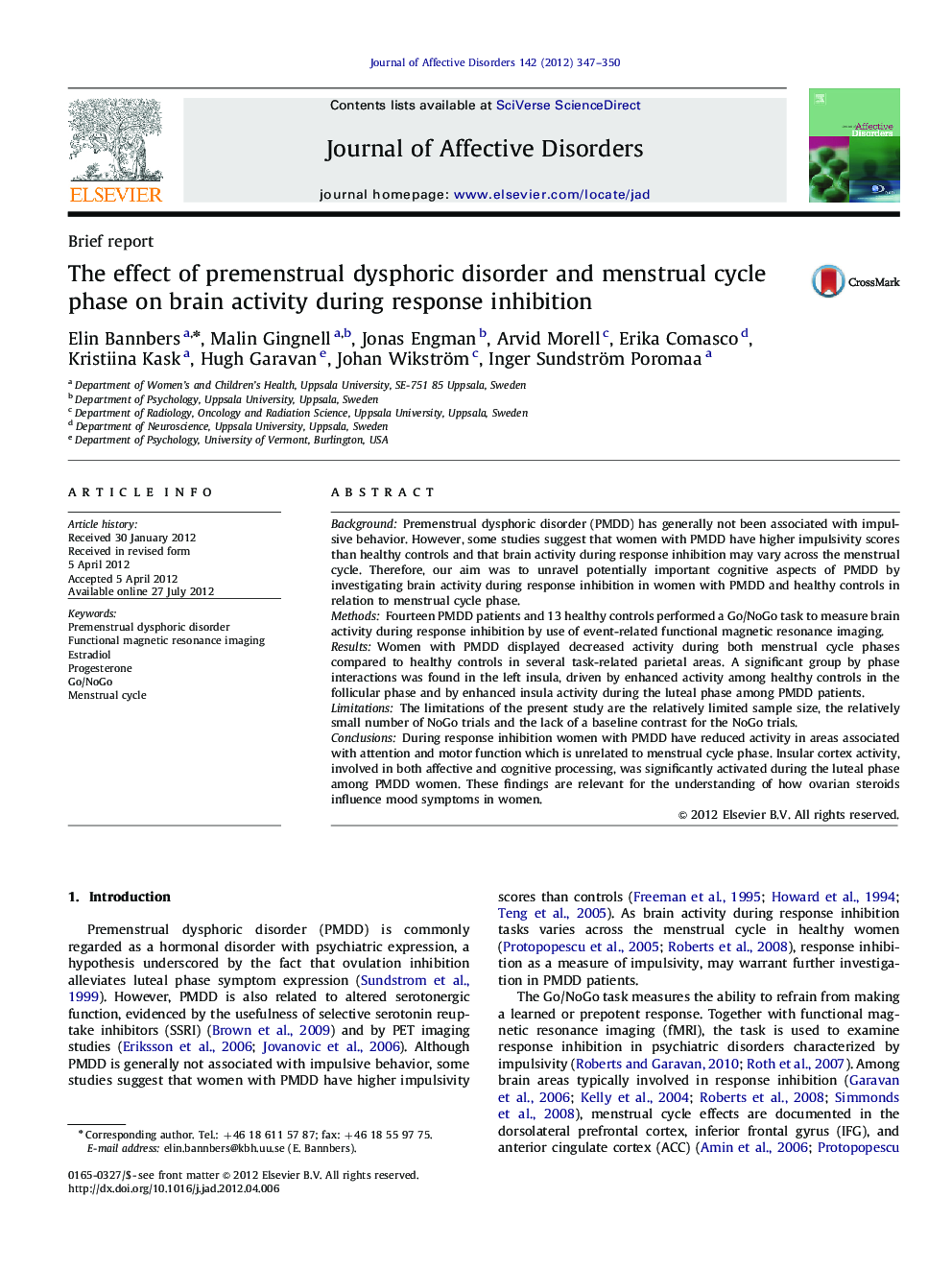 The effect of premenstrual dysphoric disorder and menstrual cycle phase on brain activity during response inhibition