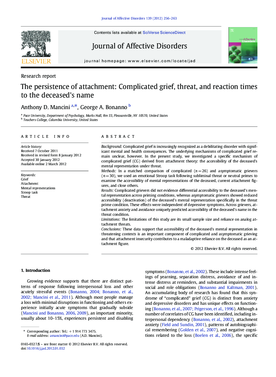 The persistence of attachment: Complicated grief, threat, and reaction times to the deceased's name