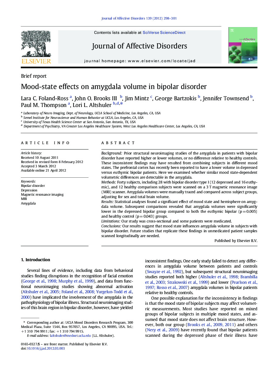 Mood-state effects on amygdala volume in bipolar disorder