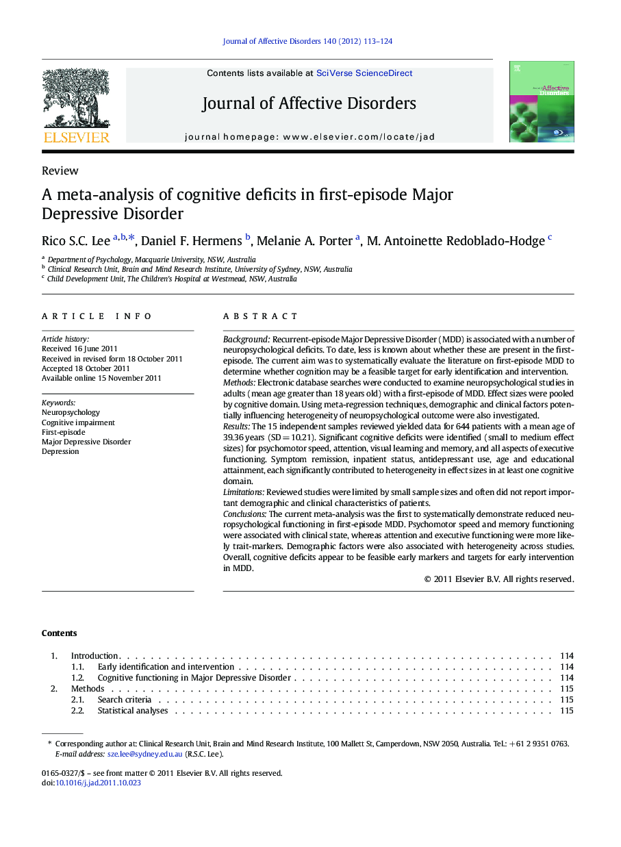 A meta-analysis of cognitive deficits in first-episode Major Depressive Disorder