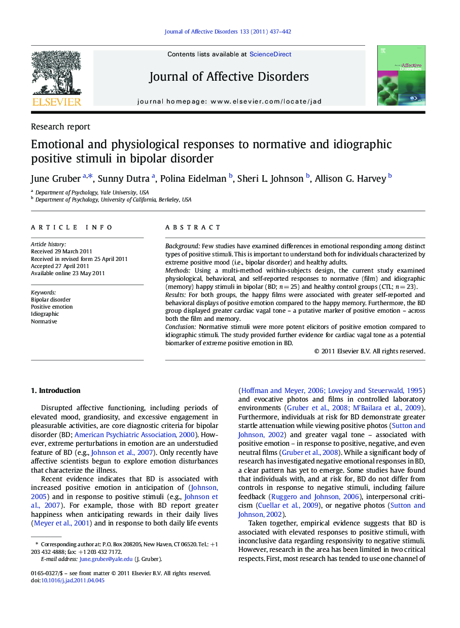 Emotional and physiological responses to normative and idiographic positive stimuli in bipolar disorder