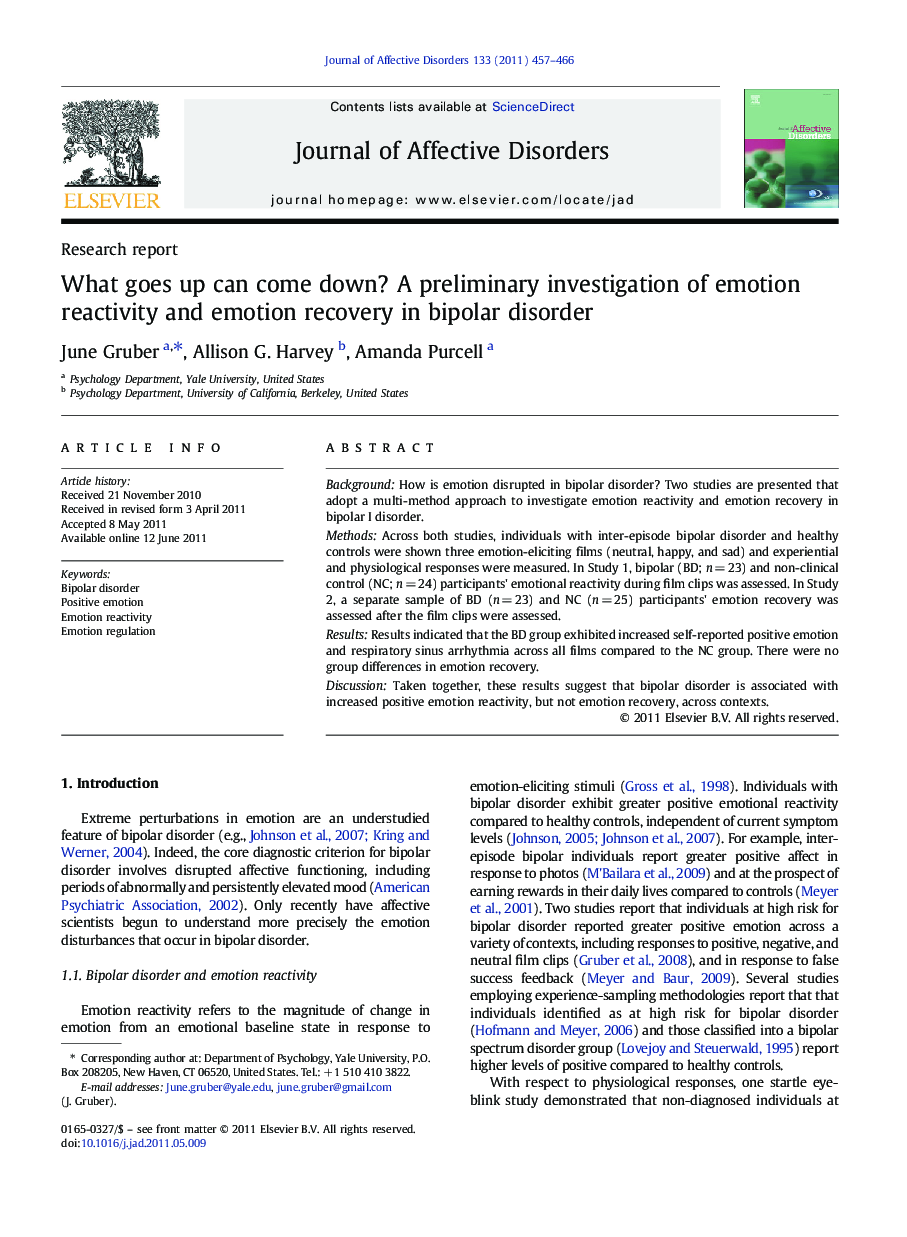 What goes up can come down? A preliminary investigation of emotion reactivity and emotion recovery in bipolar disorder