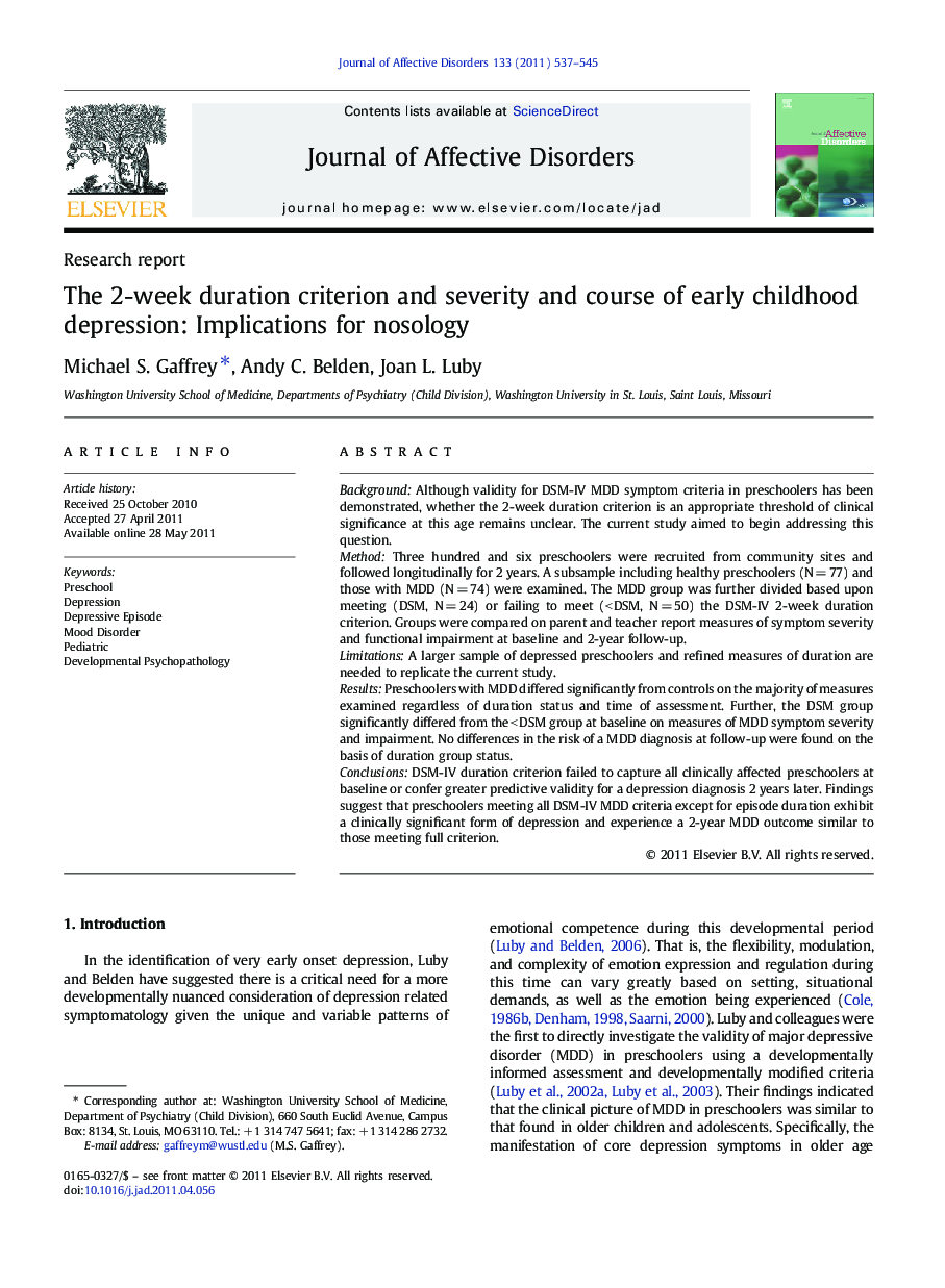 The 2-week duration criterion and severity and course of early childhood depression: Implications for nosology