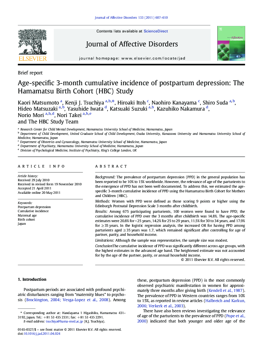 Age-specific 3-month cumulative incidence of postpartum depression: The Hamamatsu Birth Cohort (HBC) Study