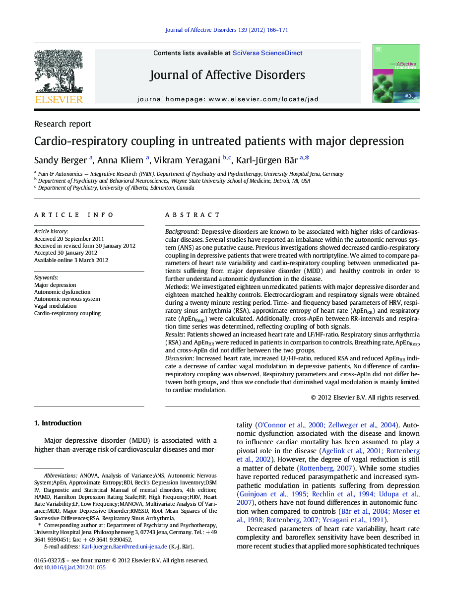 Cardio-respiratory coupling in untreated patients with major depression