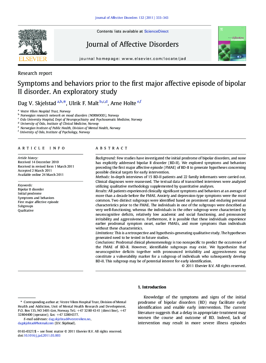 Symptoms and behaviors prior to the first major affective episode of bipolar II disorder. An exploratory study