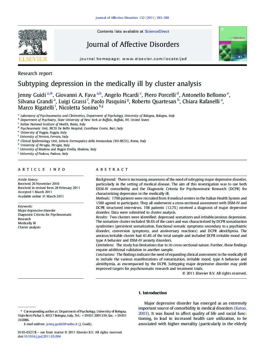 Subtyping depression in the medically ill by cluster analysis