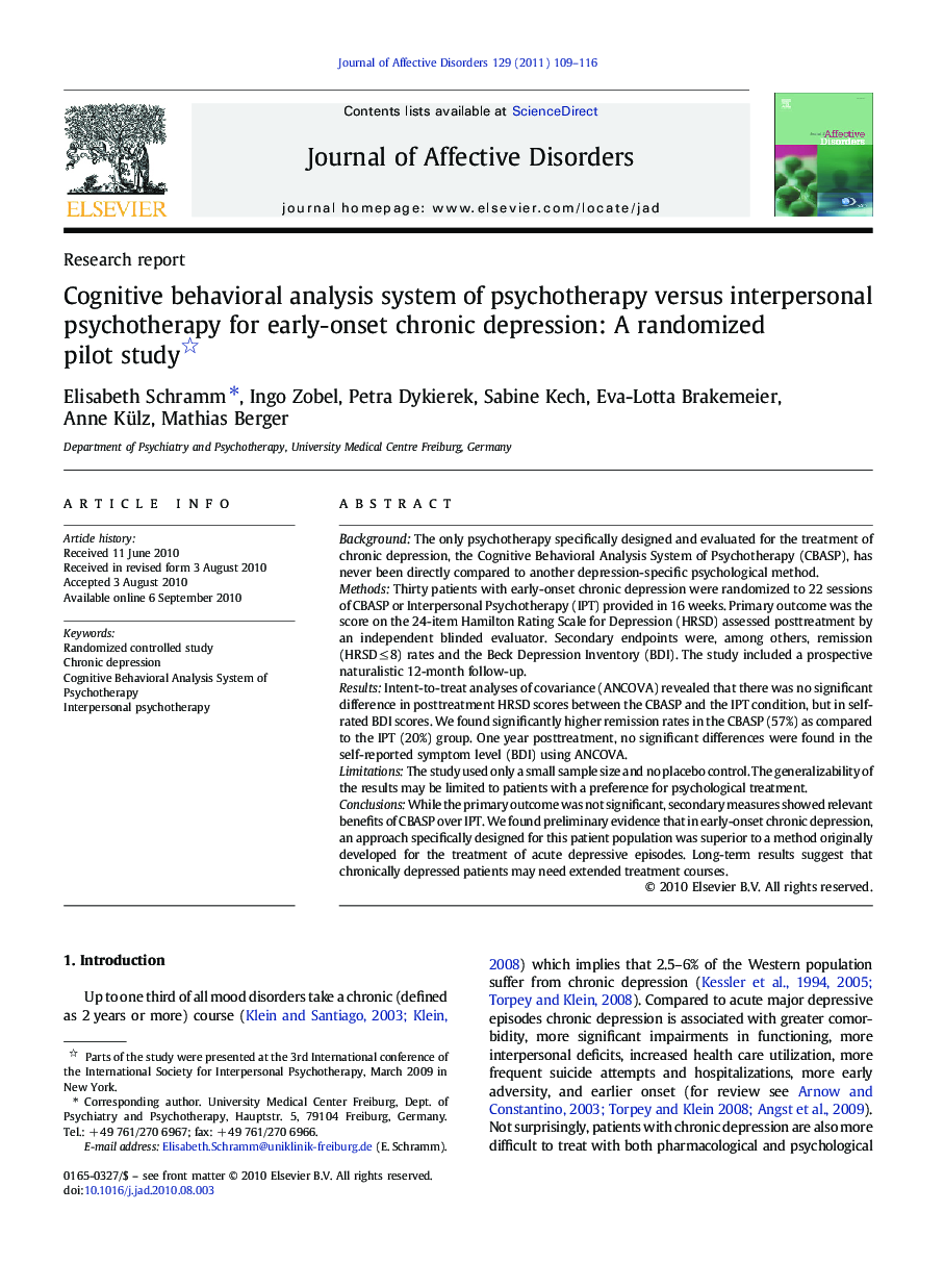 Cognitive behavioral analysis system of psychotherapy versus interpersonal psychotherapy for early-onset chronic depression: A randomized pilot study 