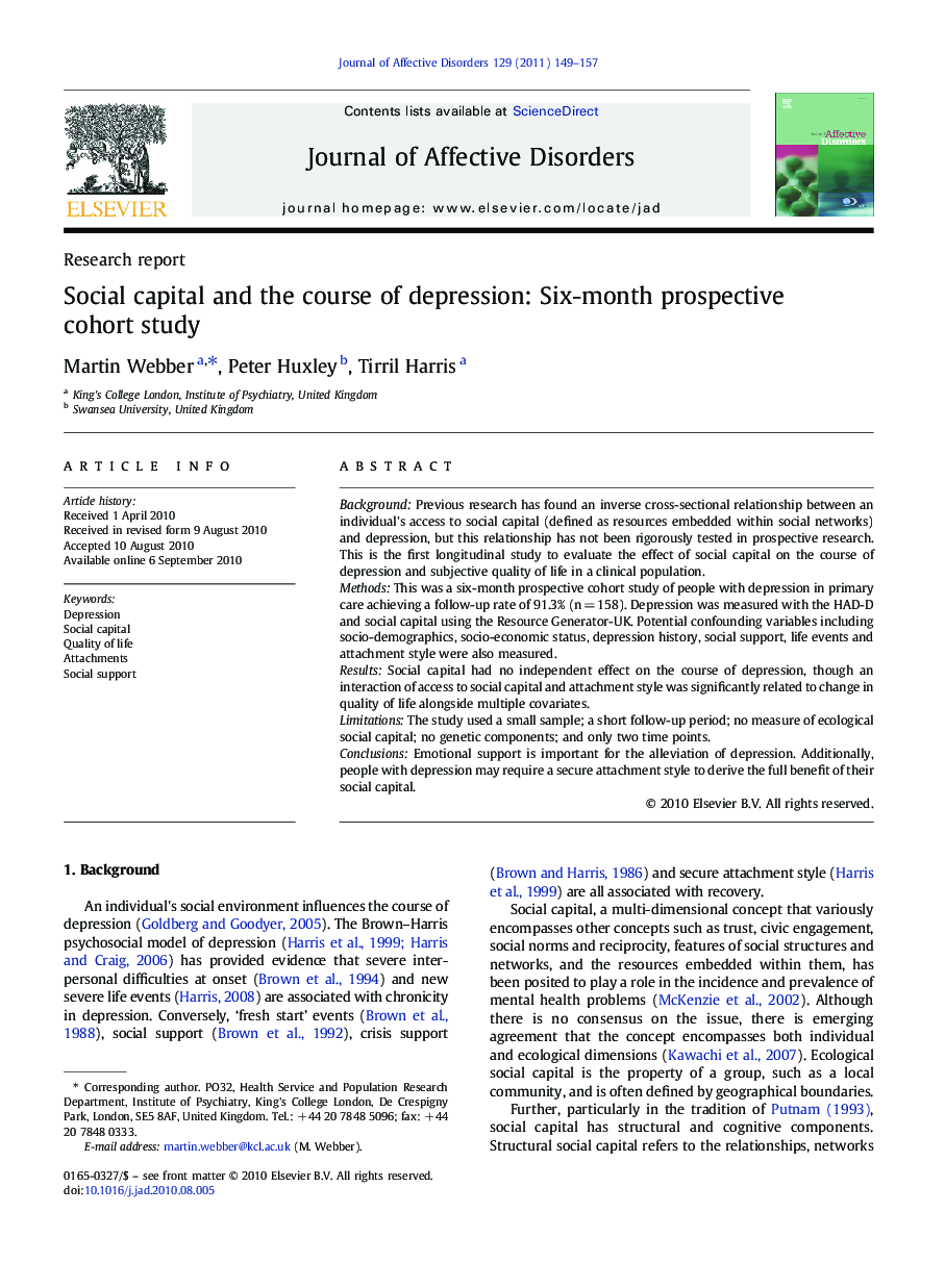 Social capital and the course of depression: Six-month prospective cohort study