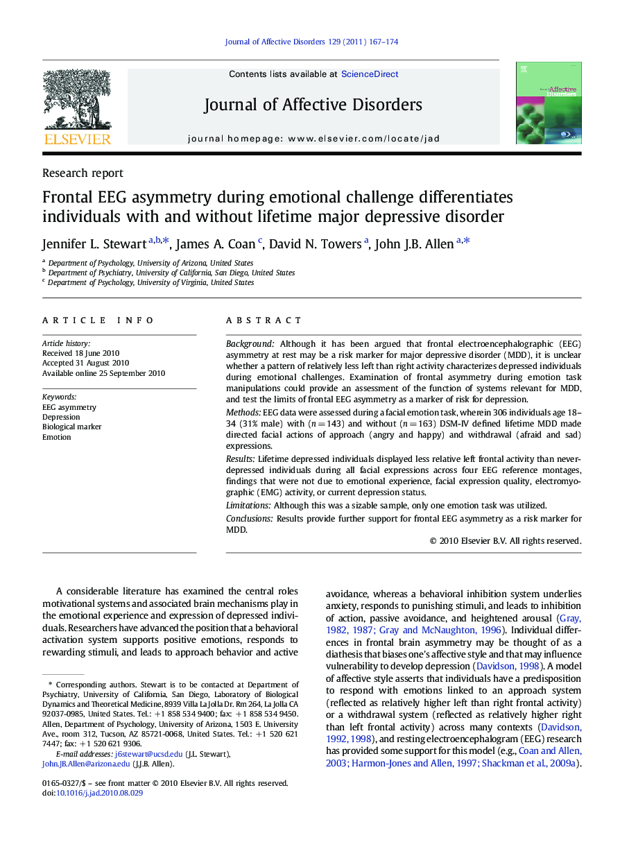 Frontal EEG asymmetry during emotional challenge differentiates individuals with and without lifetime major depressive disorder