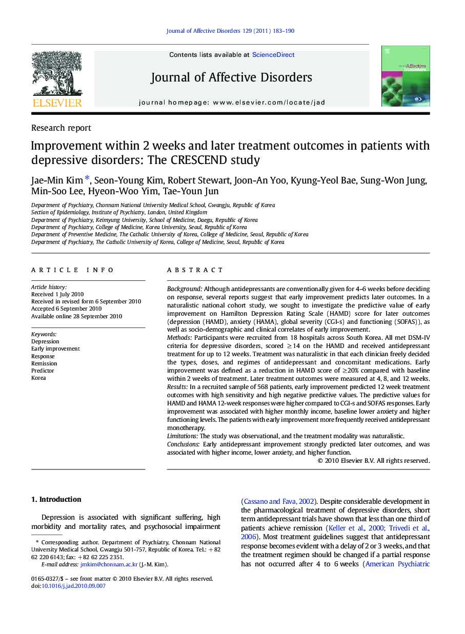 Improvement within 2 weeks and later treatment outcomes in patients with depressive disorders: The CRESCEND study