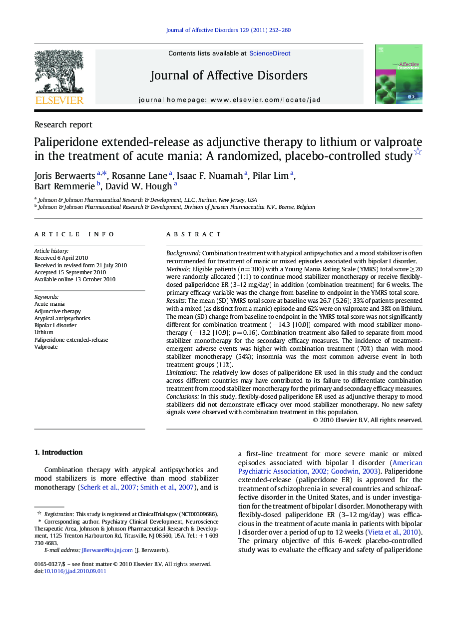 Paliperidone extended-release as adjunctive therapy to lithium or valproate in the treatment of acute mania: A randomized, placebo-controlled study 