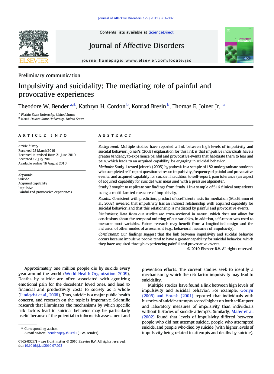 Impulsivity and suicidality: The mediating role of painful and provocative experiences
