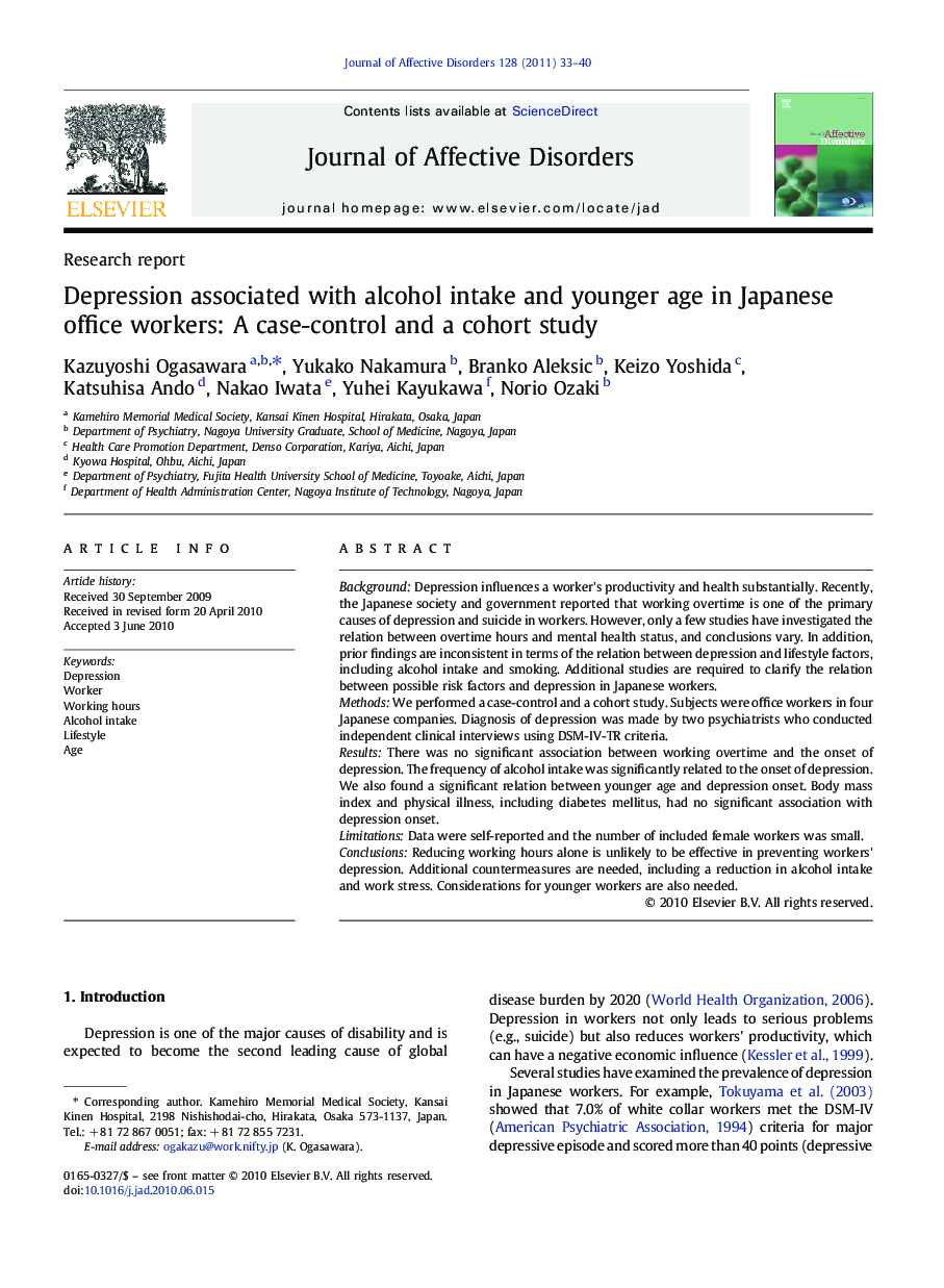 Depression associated with alcohol intake and younger age in Japanese office workers: A case-control and a cohort study