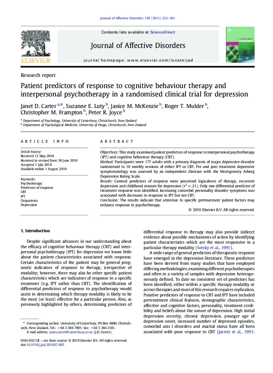 Patient predictors of response to cognitive behaviour therapy and interpersonal psychotherapy in a randomised clinical trial for depression