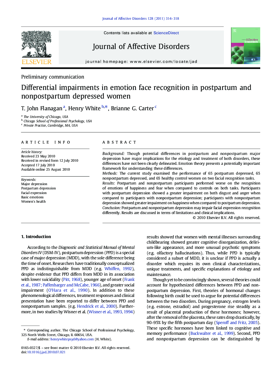 Differential impairments in emotion face recognition in postpartum and nonpostpartum depressed women