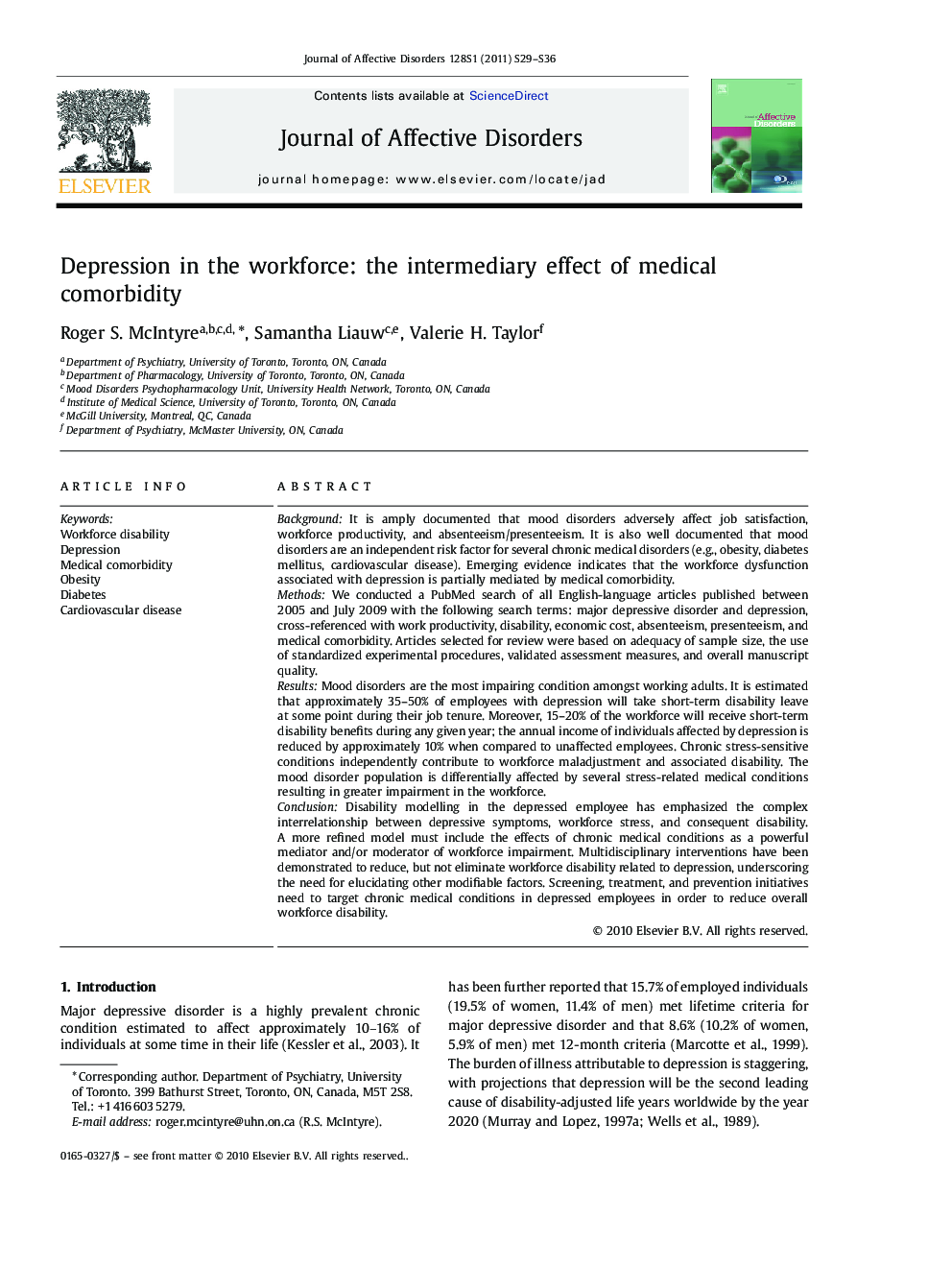 Depression in the workforce: the intermediary effect of medical comorbidity