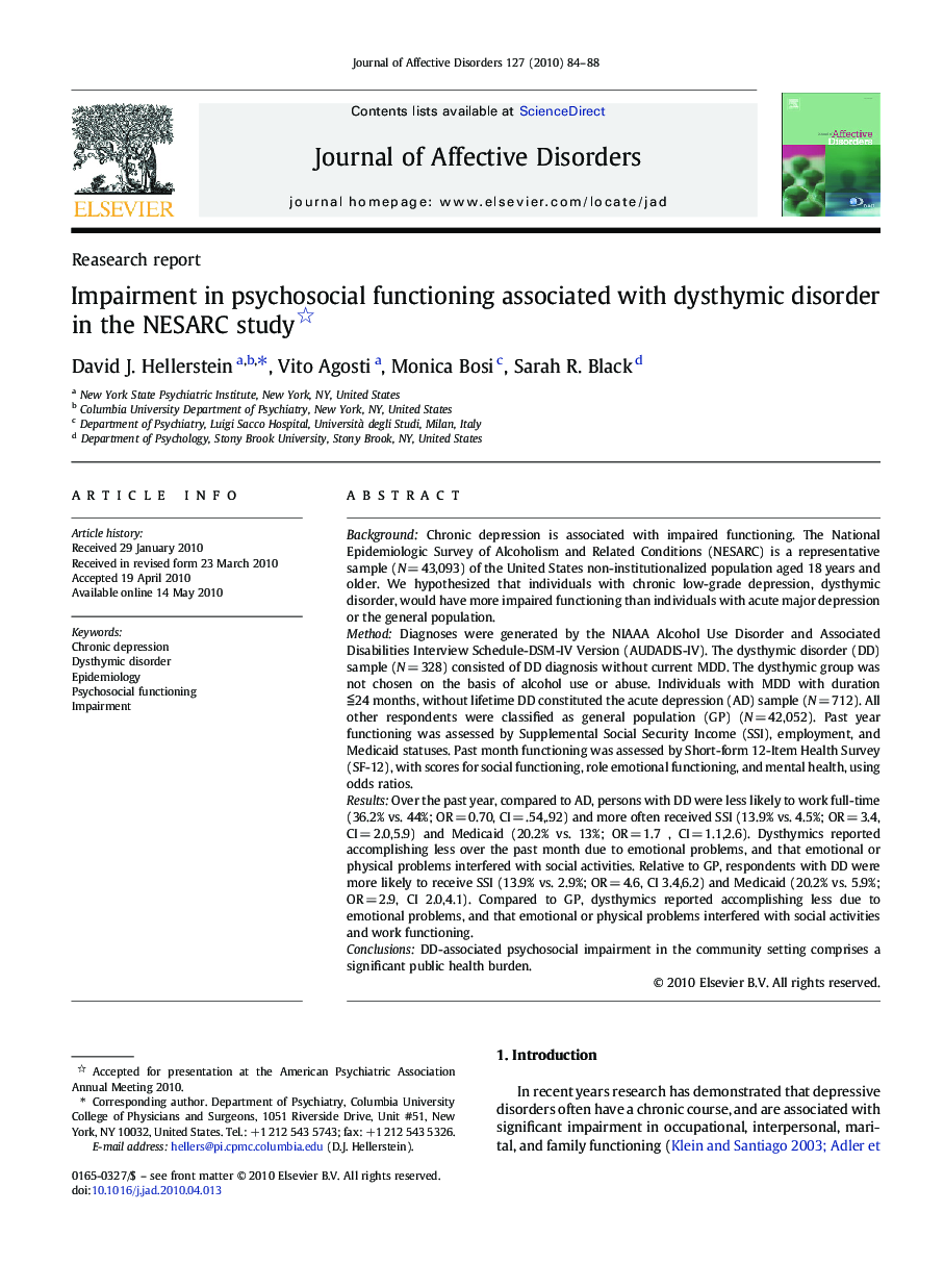 Impairment in psychosocial functioning associated with dysthymic disorder in the NESARC study 