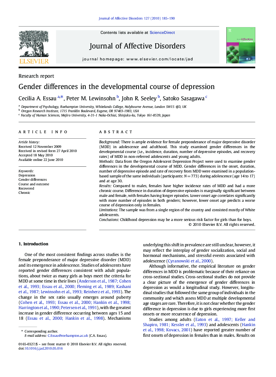 Gender differences in the developmental course of depression