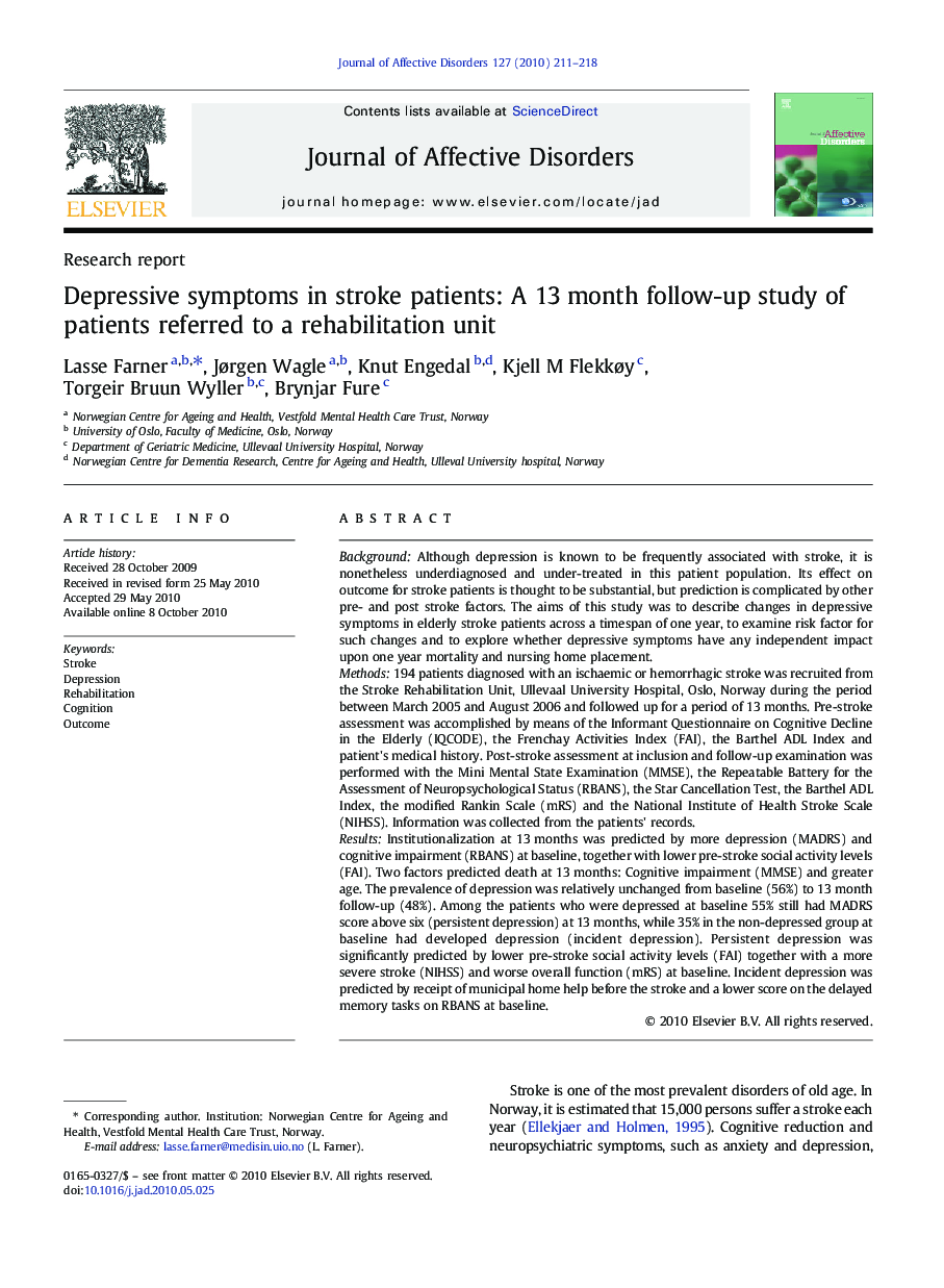 Depressive symptoms in stroke patients: A 13 month follow-up study of patients referred to a rehabilitation unit