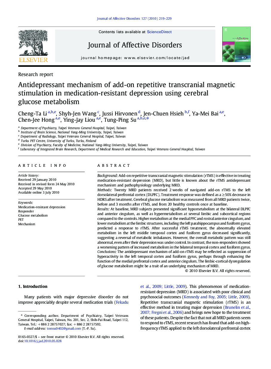 Antidepressant mechanism of add-on repetitive transcranial magnetic stimulation in medication-resistant depression using cerebral glucose metabolism