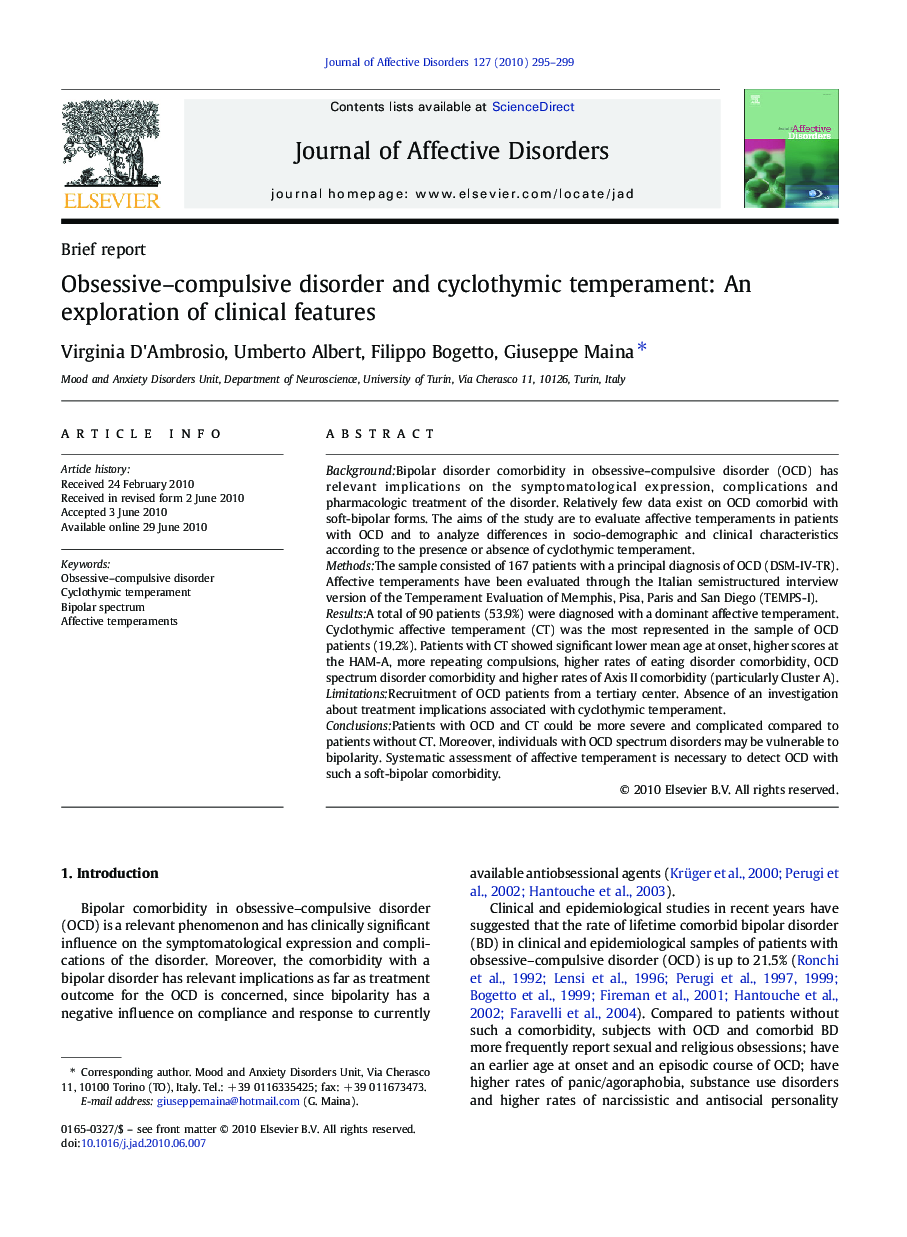 Obsessive–compulsive disorder and cyclothymic temperament: An exploration of clinical features