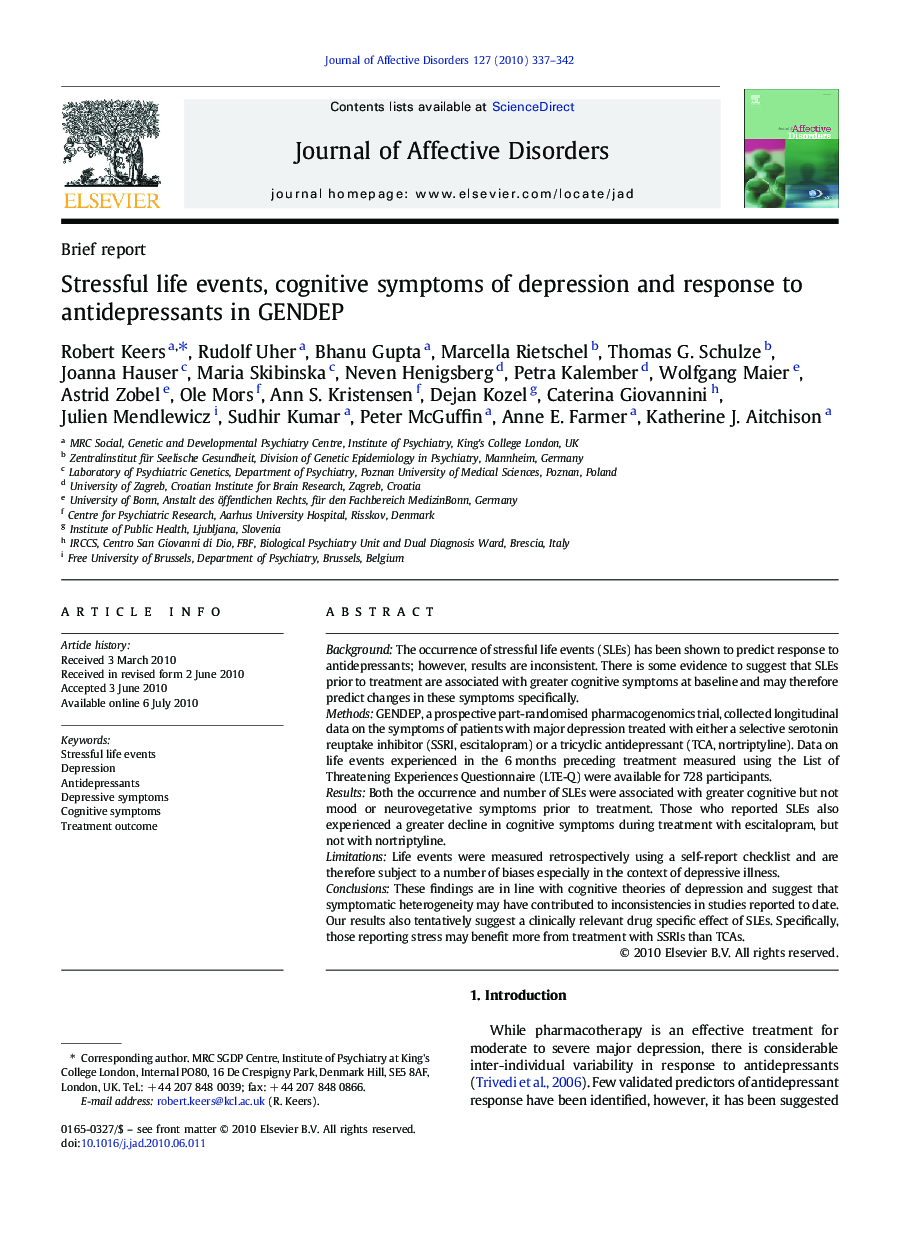 Stressful life events, cognitive symptoms of depression and response to antidepressants in GENDEP