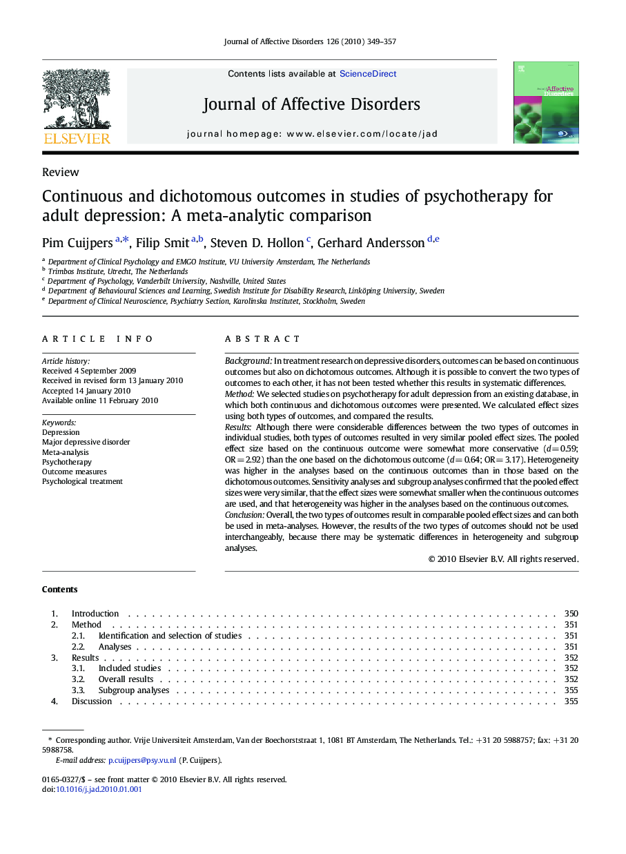 عکس صفحه اول مقاله: Continuous and dichotomous outcomes in studies of psychotherapy for adult depression: A meta-analytic comparison Continuous and dichotomous outcomes in studies of psychotherapy for adult depression: A meta-analytic comparison