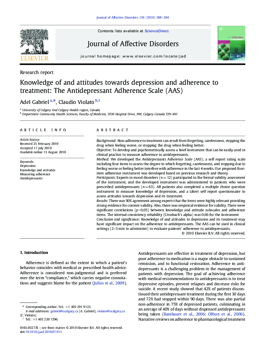 Knowledge of and attitudes towards depression and adherence to treatment: The Antidepressant Adherence Scale (AAS)