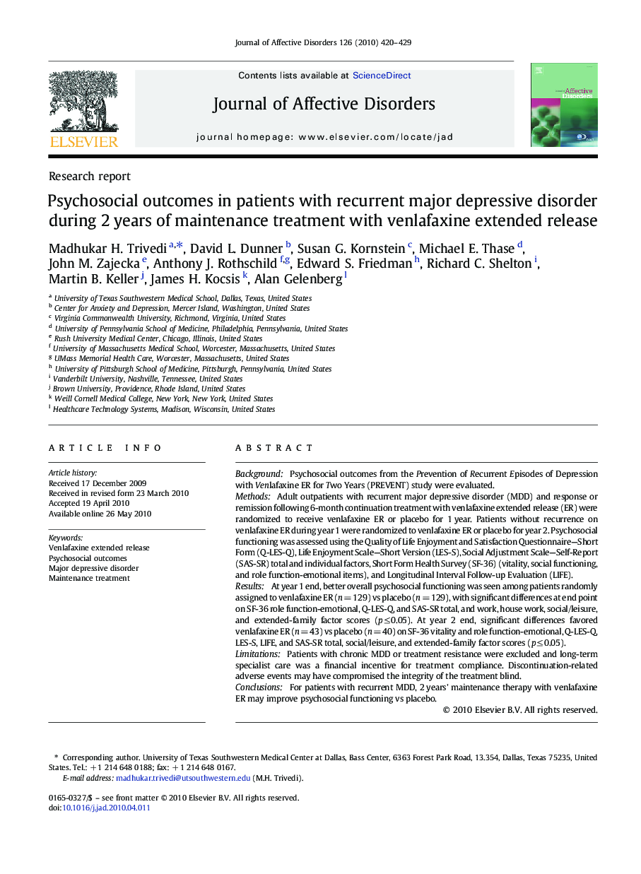 Psychosocial outcomes in patients with recurrent major depressive disorder during 2 years of maintenance treatment with venlafaxine extended release