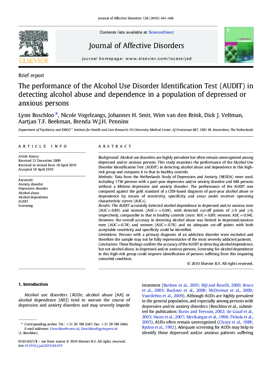 The performance of the Alcohol Use Disorder Identification Test (AUDIT) in detecting alcohol abuse and dependence in a population of depressed or anxious persons