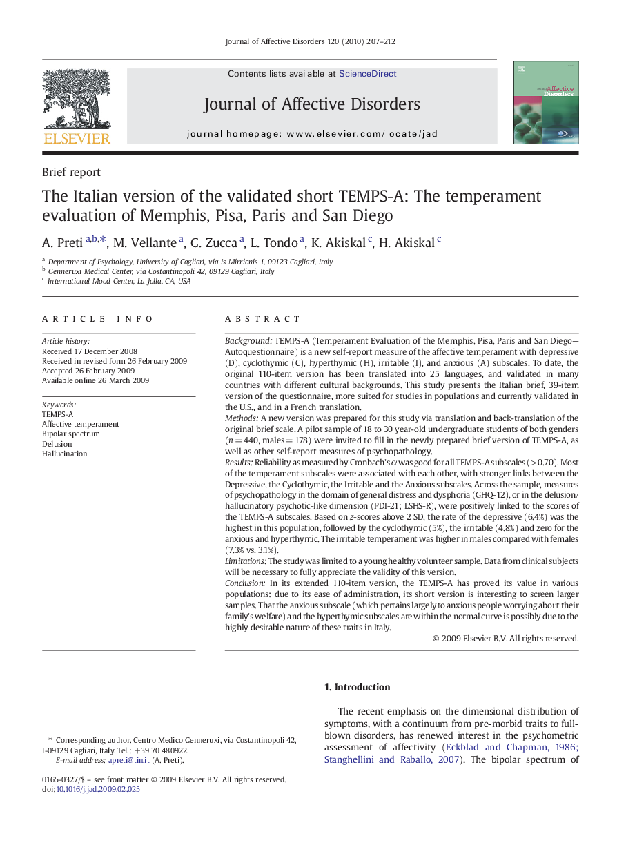 The Italian version of the validated short TEMPS-A: The temperament evaluation of Memphis, Pisa, Paris and San Diego