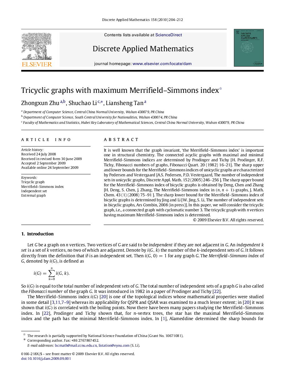 Tricyclic graphs with maximum Merrifield–Simmons index 