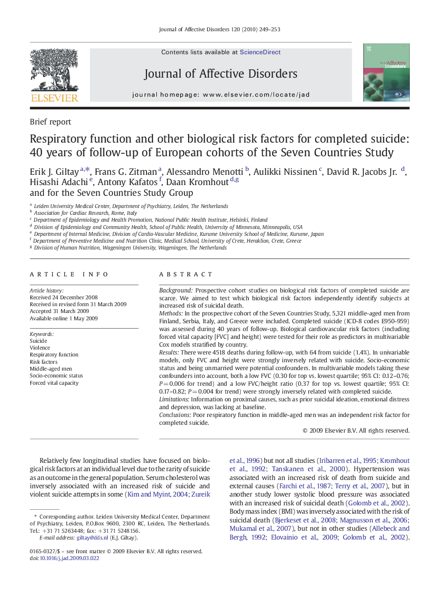 Respiratory function and other biological risk factors for completed suicide: 40 years of follow-up of European cohorts of the Seven Countries Study