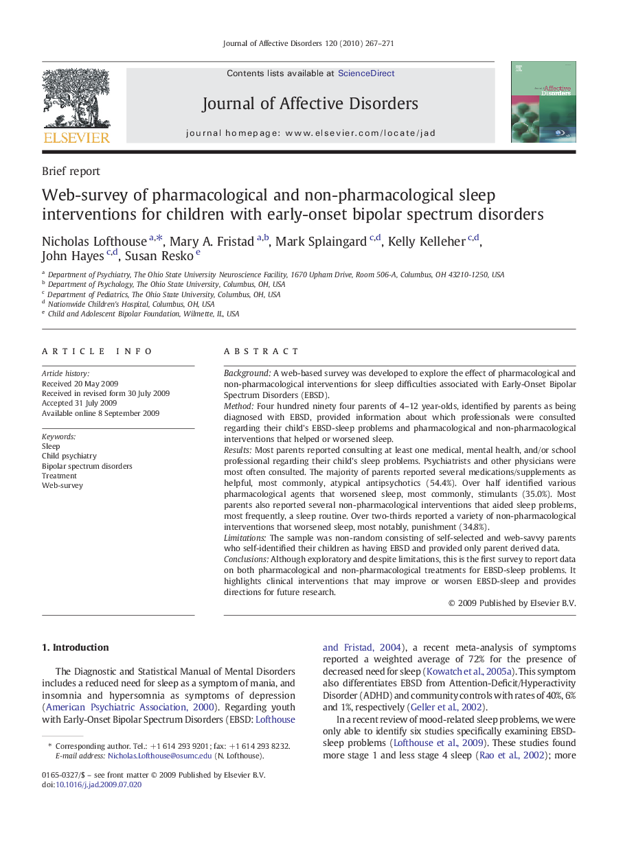 Web-survey of pharmacological and non-pharmacological sleep interventions for children with early-onset bipolar spectrum disorders