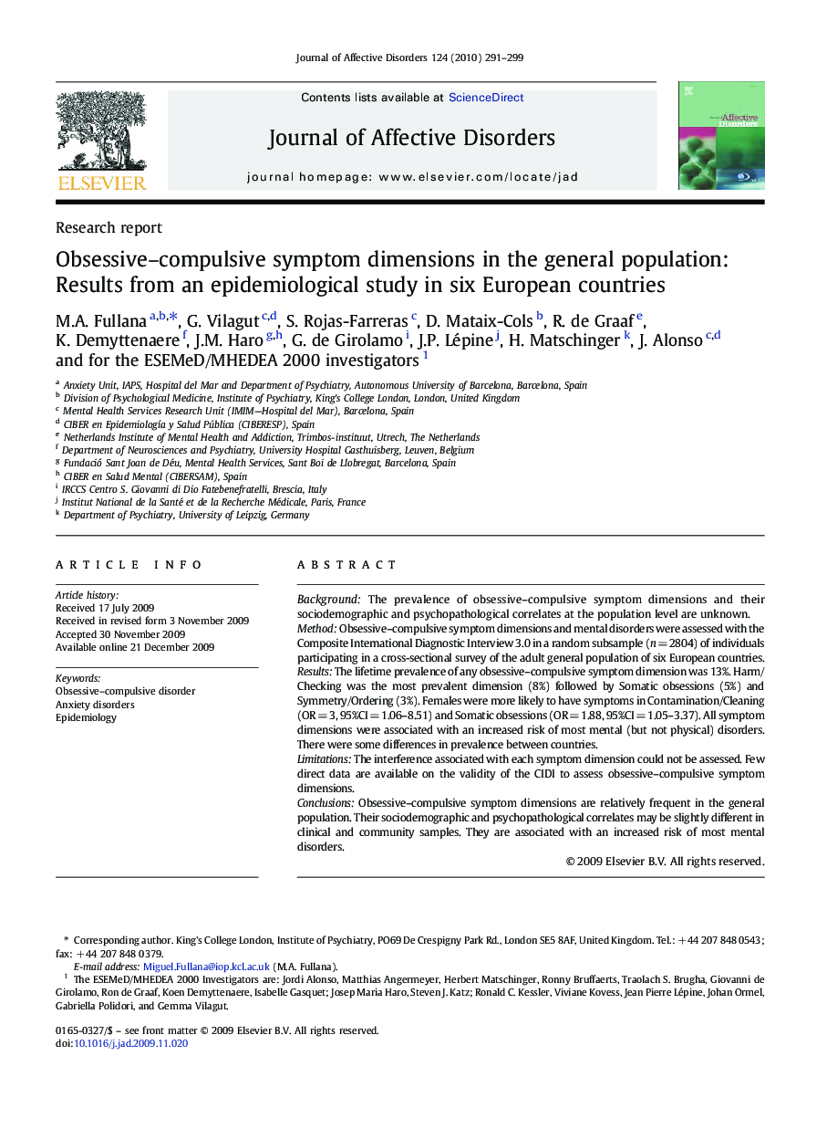 Obsessive–compulsive symptom dimensions in the general population: Results from an epidemiological study in six European countries