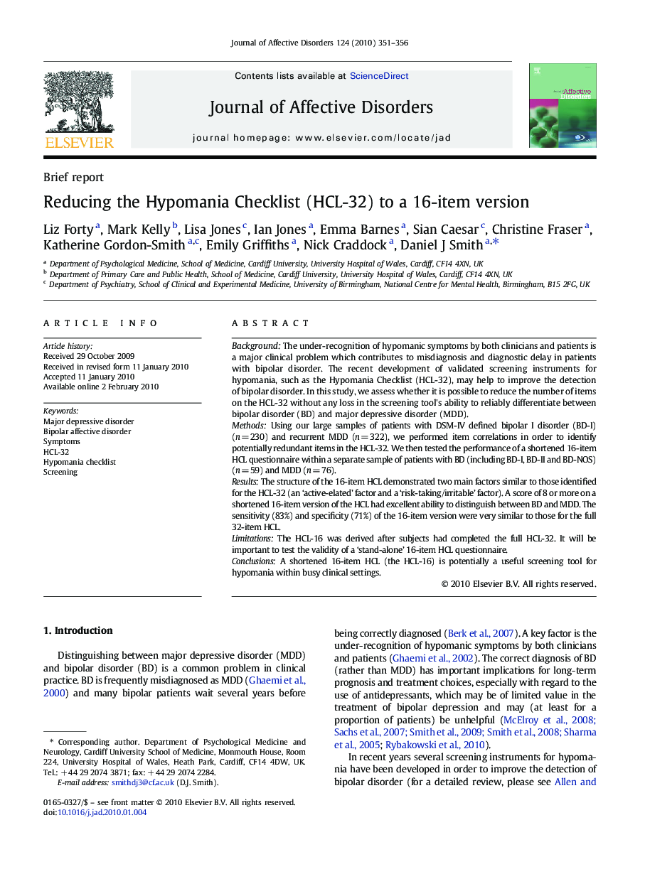 Reducing the Hypomania Checklist (HCL-32) to a 16-item version