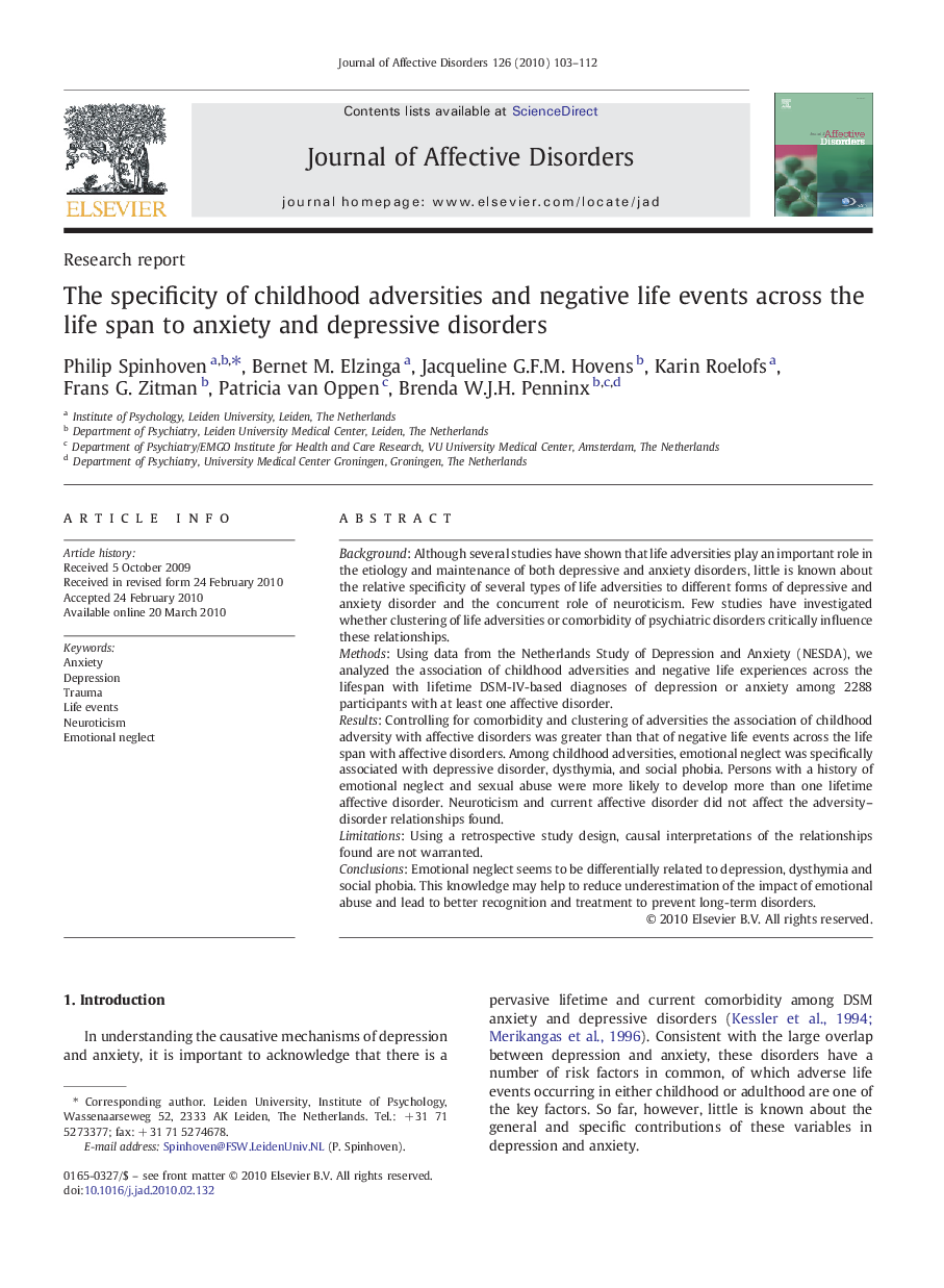 The specificity of childhood adversities and negative life events across the life span to anxiety and depressive disorders