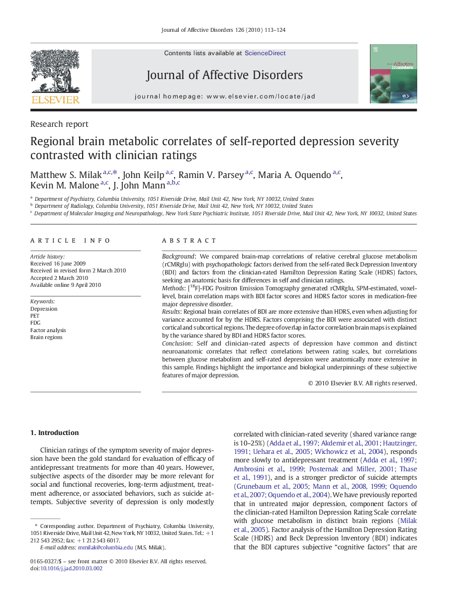 Regional brain metabolic correlates of self-reported depression severity contrasted with clinician ratings