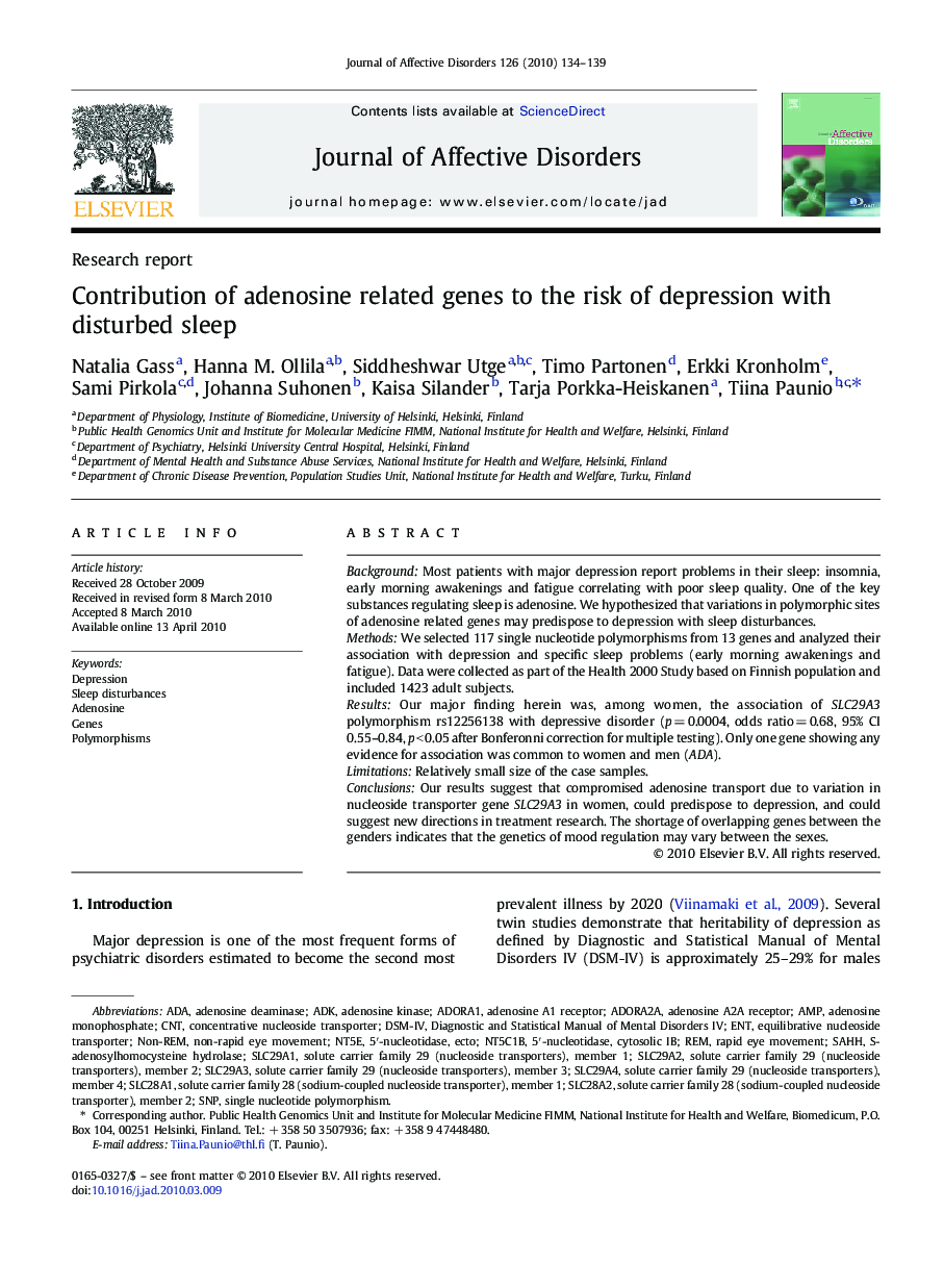 Contribution of adenosine related genes to the risk of depression with disturbed sleep