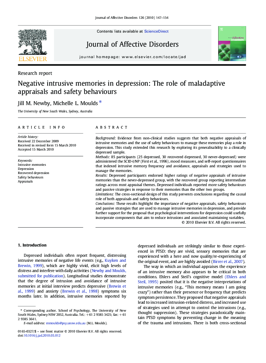 Negative intrusive memories in depression: The role of maladaptive appraisals and safety behaviours