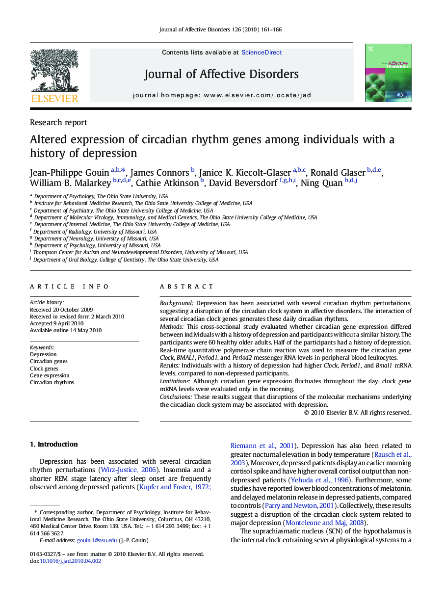 Altered expression of circadian rhythm genes among individuals with a history of depression