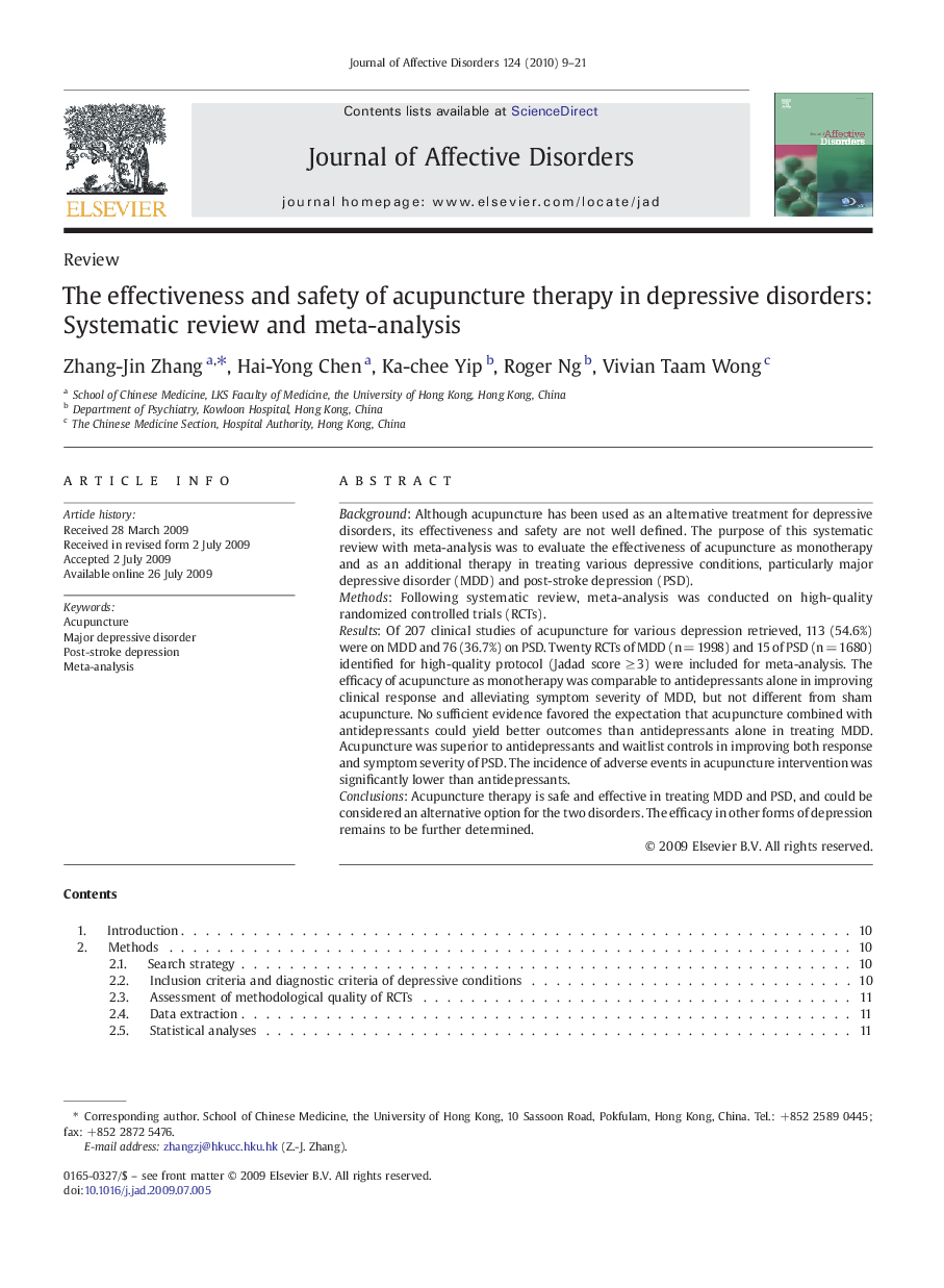 The effectiveness and safety of acupuncture therapy in depressive disorders: Systematic review and meta-analysis