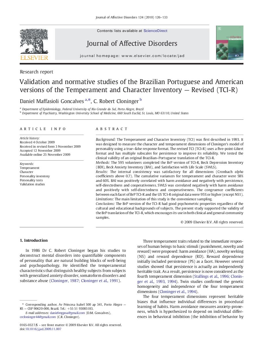 Validation and normative studies of the Brazilian Portuguese and American versions of the Temperament and Character Inventory — Revised (TCI-R)