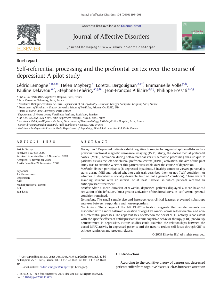 Self-referential processing and the prefrontal cortex over the course of depression: A pilot study